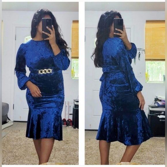 SHEIN Dresses & Skirts - SHEIN COBALT BLUE CRUSHED VELVET MERMAID MIDI DRESS SIZE LARGE